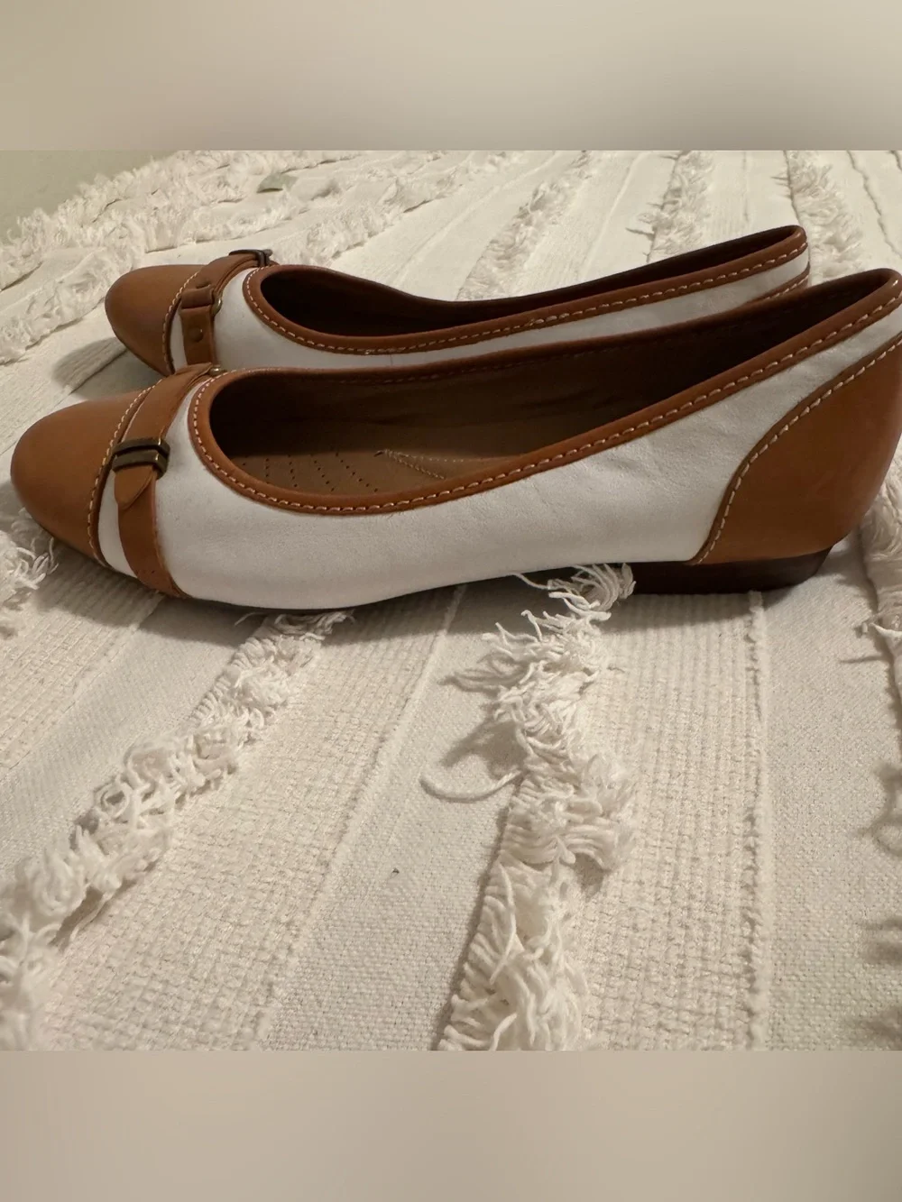 Clarks Two-Tone Brown and White Leather Ballet Flats